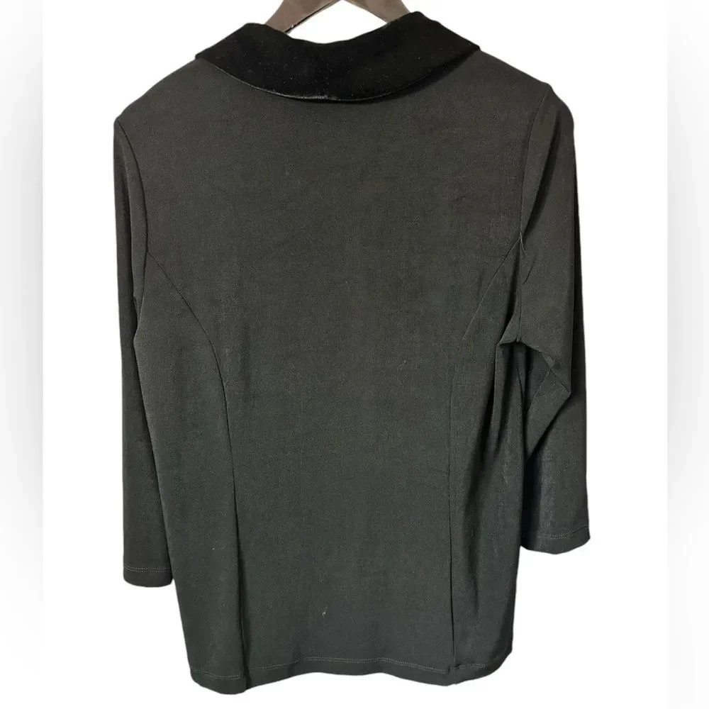 Chico's Travelers Size 2 Large Velvet Trim Black Open Front Cardigan office